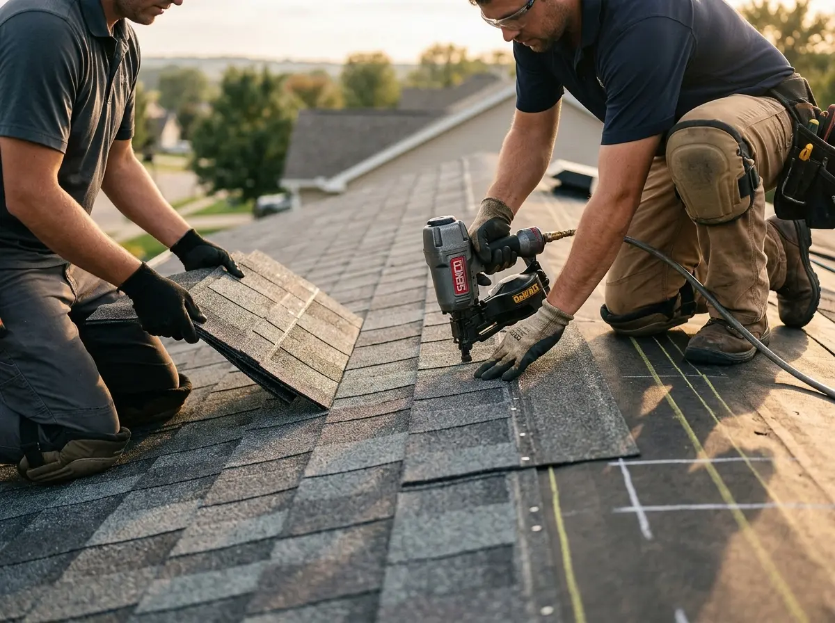Professional roofer working on a residential roof in Lake of the Pines